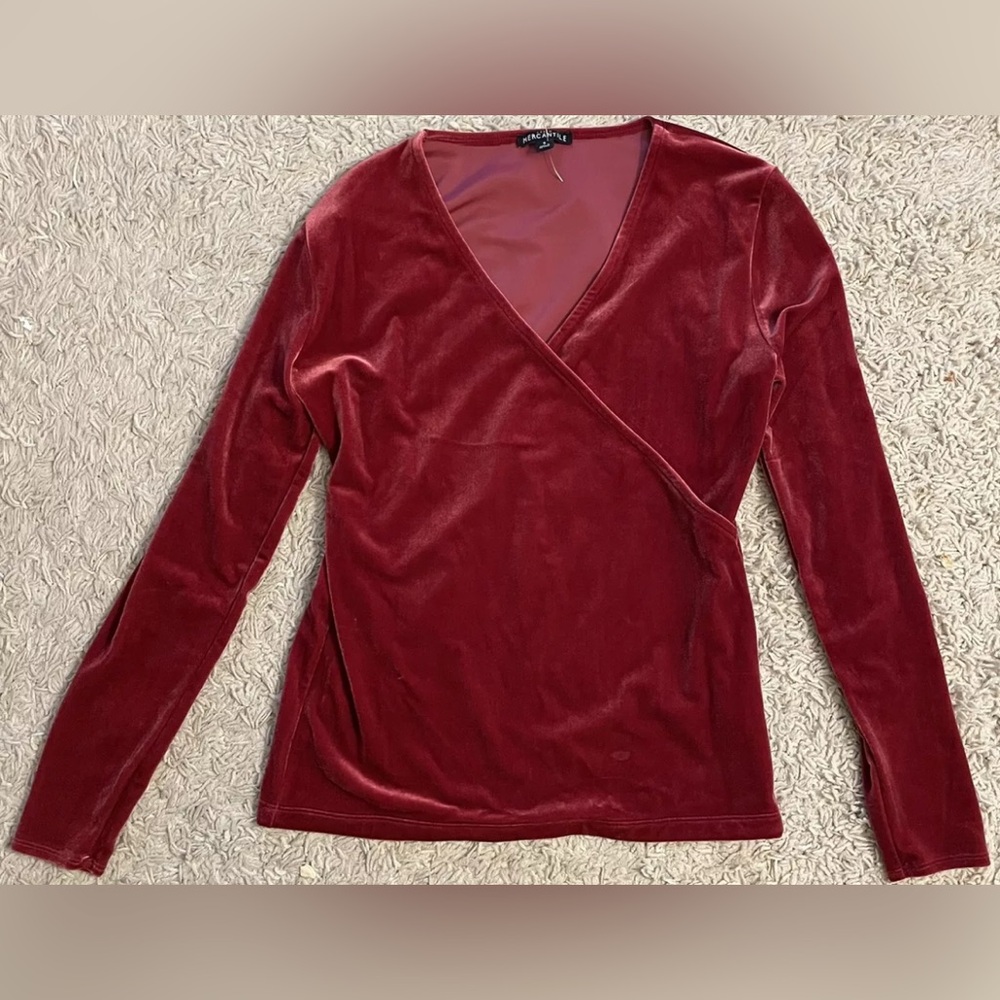 J.CREW Mercantile red velour long sleeve v-neck surplice top blouse Small S 4 6